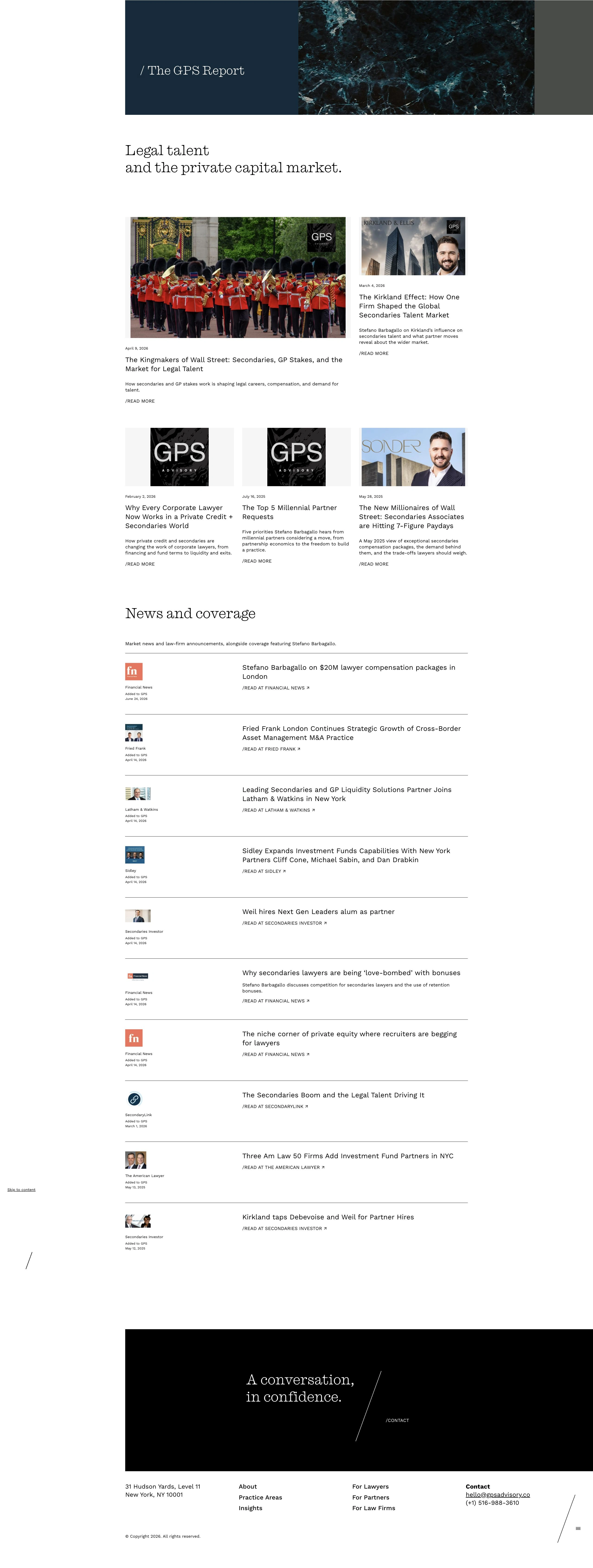 Full GPS Insights page, with The GPS Report articles followed by external news and coverage